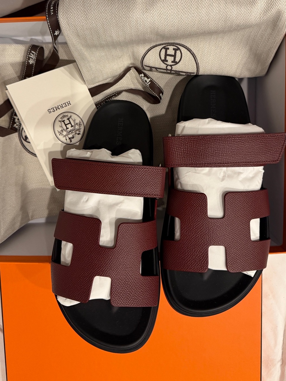 Hermes Women’s EU 39 Rouge H Burgundy Epsom Leather Chypre Slide Sandals